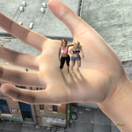 giantess handheld finger palm shrunken_woman rooftop looking_at_tiny plusi check_me_out digital_render