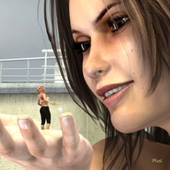 giantess handheld brunette brown_eyes palm shrunken_woman looking_at_tiny plusi check_me_out digital_render