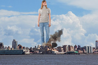 giantess collage city destruction clothed buildings helicopter wonderslug fire smoke clouds sky waterfront