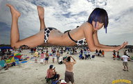 giantess swimsuit beach barefoot soles lying_down sand people sky looking_at_viewer beach_goers lowerrider highlights