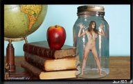 breasts collage nude barefoot brunette apple table shrunken_woman entrapment captured books jar globe lastcall41