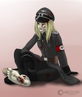 drawing crush feet blonde barefoot soles red_eyes blood domination gore uniform cruel zombie shrunken_character stuck_to_foot nazi