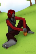 drawing barefoot soles red_hair foot_worship sitting worship grass outdoors anirus trees anirusfere shrunken_character jameless rausia