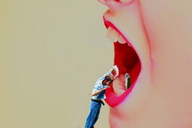 collage mouth teeth shrunken_men lipstick brief_case implied_vore looking_in_mouth