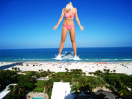 giantess collage mega blonde swimsuit beach ocean wonderslug looking_down sand sky resort jenni_czech beach_goers navel_ring