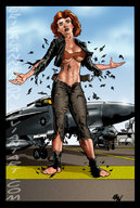 drawing giantess barefoot cleavage red_hair jets sky looking_at_viewer belt ripped_clothing runway military_jets ericalannelson black_widow black_widow_growth marvel_comics