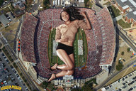 giantess collage city clothed high_heels smiling stadium lying_down legs dark_skin looking_at_viewer spectators downward_angle lowerrider football_field amerie