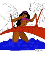 breasts drawing giantess mega black_hair color swimsuit bridge destruction rampage water ocean red_eyes angry ponytail muscles dark_skin jasmine disney earrings hairband musclebabe26