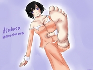 drawing feet barefoot cleavage soles brunette purple_eyes low_angle looking_down foot_pov point_of_view looking_at_viewer imminent_crush hanekawa_tsubasa kochiira
