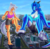 drawing white_hair feet horns tail city large_breasts long_hair destruction blue_eyes claws clothed toes barefoot cleavage bra buildings soles sitting foot_crush muscles blue_skin abs fangs looking_down open_mouth giantesses standing thighs legs_spread source_needed imminent_crush segatakai orange_skin bare_legs imminent_destruction hand_on_leg sergesalvatrice bare_midriff looking_at_tinies