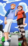 drawing giantess mega color clothed buildings shoes brunette low_angle red_hair giantesses penny clouds sky disney gwen gwen_tennyson ben_10 riadorana hair_pin bolt cartoon_network