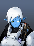 drawing giantess white_hair alien blue_skin suit blazbaros on_shoulder looking_at_tiny alaerin battle_armour