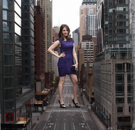 giantess collage city high_heels smiling dress legs between_legs streets manicure looking_at_viewer docop purple_dress between_buildings alison_brie