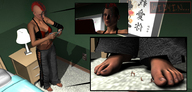 barefoot cleavage shrunken_men shrunken_woman indoors bedroom digital_render