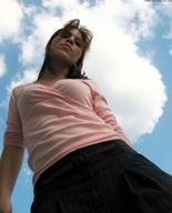 brunette low_angle giantess_katelyn looking_down clouds photograph sky point_of_view looking_at_viewer