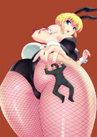drawing giantess blonde color butt bunny_ears blue_eyes clothed saber cleavage teston bending_over fishnets shrunken_man entrapment suit trapped bunny_girl point_of_view looking_back bunnysuit trapped_inside bunny_costume fate/zero playboy_bunny fate_(series)
