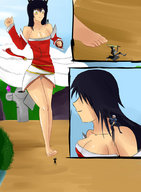 drawing sword barefoot cleavage brunette shrunken_men fighting raised_foot panels league_of_legends ahri imminent_crush on_shoulder ezreal thevestige master_yi
