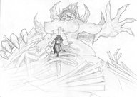 breasts giantess monochrome tongue mouth low_angle hand reaching looking_down shrunken_person point_of_view looking_at_viewer looking_at_victim sketching number551 sword_fighter