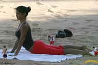 collage clothed beach barefoot cleavage shrunken_men sand towel lowerrider looking_at_tiny