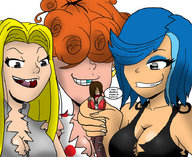 drawing blonde color crossover handheld cleavage blue_hair red_hair lee mac shrunken_man giantesses fosters ed_edd_and_eddy marie_kanker may_(ed_edd_and_eddy)