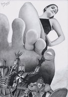 drawing giantess monochrome toes barefoot low_angle knights marcos_snowbell looking_down point_of_view raised_foot imminent_crush looking_at_tiny