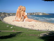 breasts giantess collage mega blonde swimsuit beach ocean wonderslug sand giantesses sisters looking_at_viewer resort beach_goers marzia_prince lisa_chandler