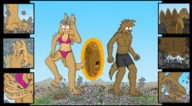 drawing giantess furry anthro city mega color swimsuit destruction giant rampage cleavage couple portal skyscraper under_foot panels dog_girl