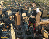 giantess collage city clothed high_heels skyscraper standing dark_skin looking_at_viewer downward_angle lowerrider