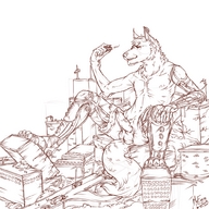 drawing furry macro city monochrome destruction giant male penis handheld buildings husky sitting cyborg looking_at
