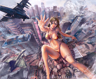 drawing giantess city color swimsuit destruction cleavage buildings helicopter military tank reaching jets skyscraper smoke downward_angle paulobarrios