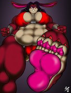 feet macro anthro cleavage soles low_angle paws muscles looking_down voluptuous point_of_view 50percentgrey raised_foot imminent_crush bara