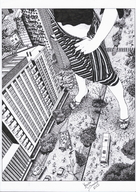 drawing giantess feet city monochrome clothed skirt high_heels buildings military marcos_snowbell sandals marcos downward_angle