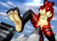 breasts drawing giantess nude pussy furry anthro mega color cum buildings fox low_angle building_sex looking_down skyscraper sky raised_foot allinone