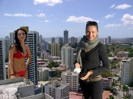 collage city swimsuit clothed cleavage skyscraper sunglasses giantesses clouds sky looking_at_viewer rooftop_view giulio_10