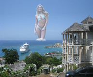 giantess collage mega blonde swimsuit destruction beach cleavage ocean wonderslug cruise_ship looking_at_viewer wading hannah_davis