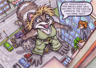 drawing giantess furry tail anthro city color large_breasts destruction clothed barefoot playful buildings brunette fox high_angle cerberus raccoon skyscraper standing outdoors vehicle_crush dialogue orange_hair source_needed looking_at_tiny cargo_shorts foot_prints