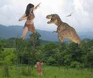 giantess collage black_hair wonderslug dinosaur belly trees countryside leopard_print kerstin tyrannosaurus_rex pterodactyl