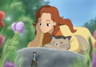 drawing cat brunette shrunken_men shrunken_man outdoors flowers trees needle huge_forehead stone looking_at_tiny dookyikrdooky
