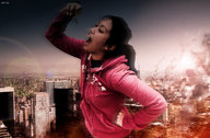 giantess collage small_man city destruction clothed handheld buildings asian fire skyscraper open_mouth dangle smoke between_fingers imminent_vore anti_gi