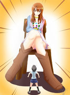 size_difference color brown_eyes boots shrunken_woman looking_down chair miniskirt