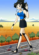 giantess black_hair color blue_eyes high_heels vehicles stroll sky road power_lines countryside waving_hand arthurt2013