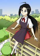 giantess city black_hair color blue_eyes buildings sitting apron trees arthurt2013 natsumi_mizuki