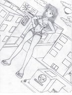 giantess city monochrome buildings clouds sky ripped_clothing zeppelin geoligar