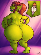 drawing color butt barefoot huge_breasts shrunken_woman entrapment world_of_warcraft sheela goblin thick_thighs green_skin