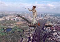 giantess collage city destruction clothed buildings brunette fire airplane skyscraper smoke clouds sky aerial_view