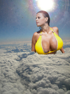 breasts giantess mega swimsuit face airplane clouds