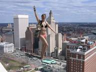 giantess collage city swimsuit barefoot buildings wave skyscraper clouds sky looking_at_viewer rooftop_view bus_station