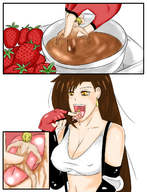 vore color long_hair tongue cleavage tifa_lockhart desert brunette yellow_eyes shrunken_men shrunken_man panels strawberries chocolate_sauce