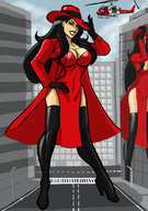 breasts drawing giantess city mega color long_hair cleavage buildings helicopter gloves boots streets reflection sky hat cape giant_girl hands_on_hips johnnyharadrim