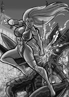 drawing giantess monochrome cleavage buildings muscles heroine johnnyharadrim swedish_giantess urtra_q